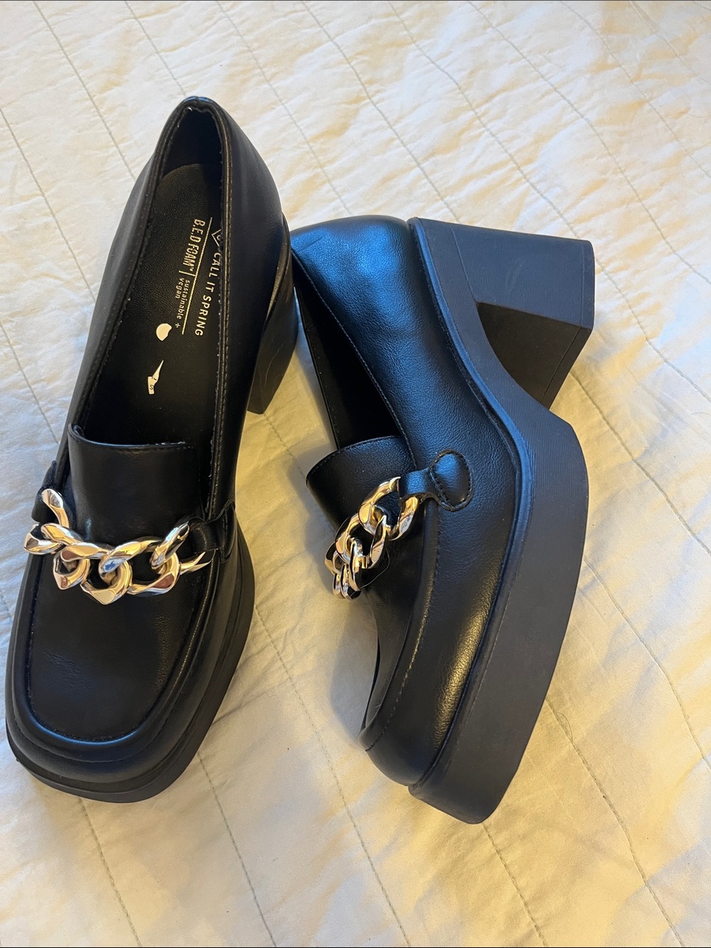 Call It Spring Black Platform Loafers with Gold Chain